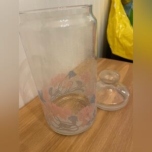 Vintage French Glass Large Storage Container with Blue and Pink Floral Pattern